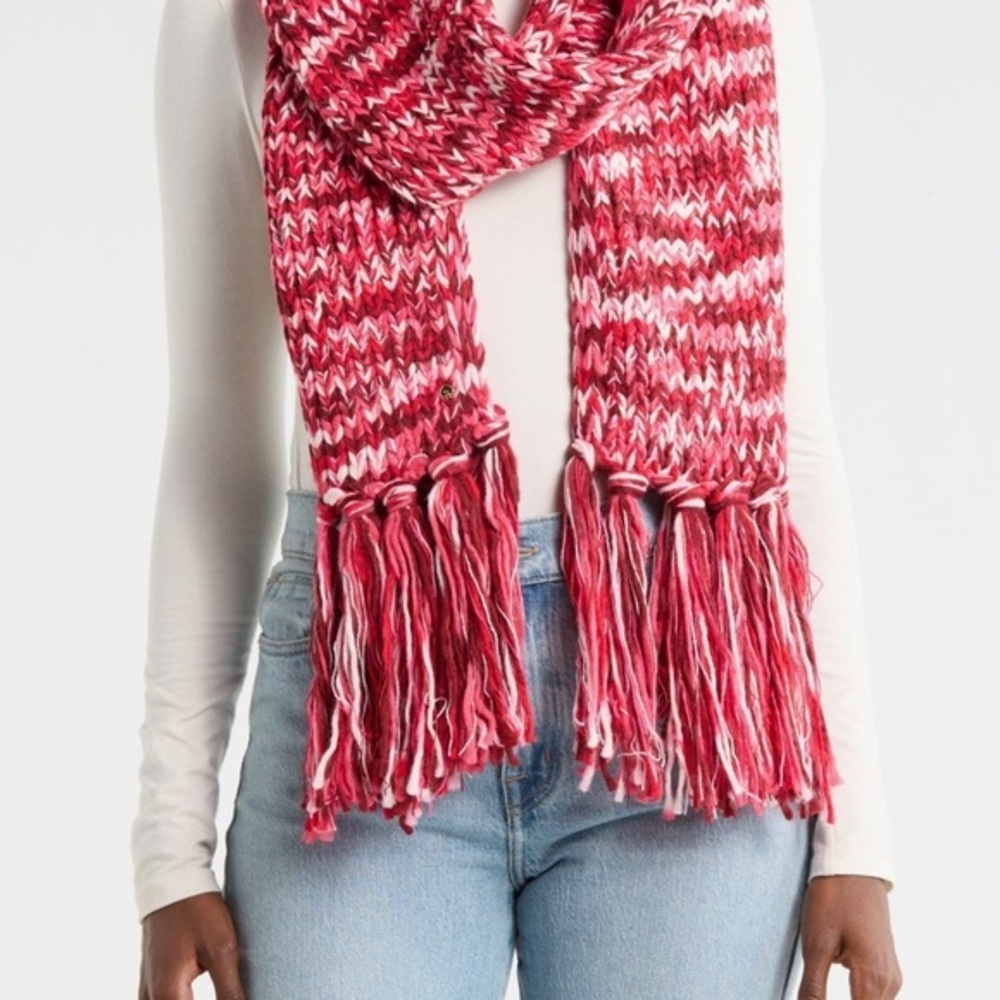 kate spade new york Pink White Red Boho Space Dye Marl Cozy Fringed Scarf::NWT